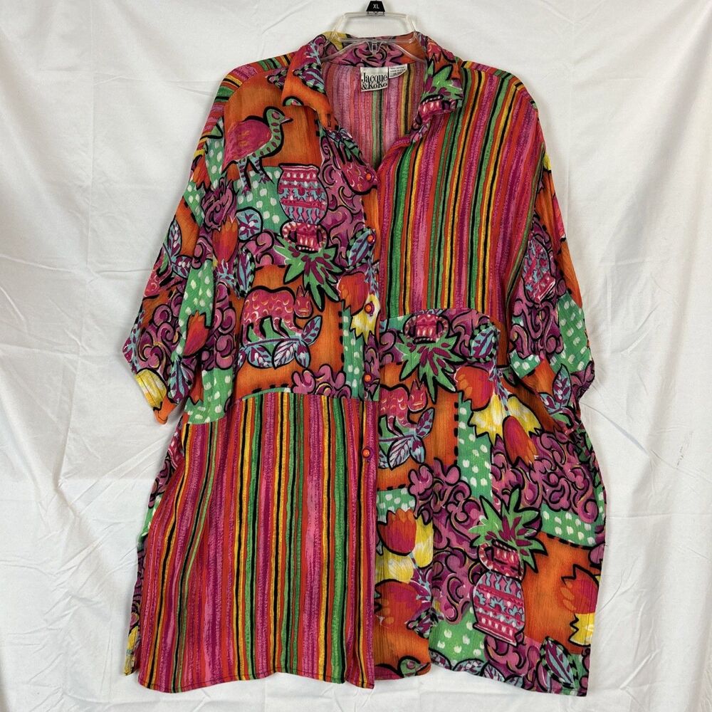 Jacque & Koko Top Sz 18/20 Colorful Button up Casual Beach Blouse Patchwork